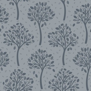 Wildwood, stone gray on silver grey (Medium) – autumnal woodland trees with fall leaves