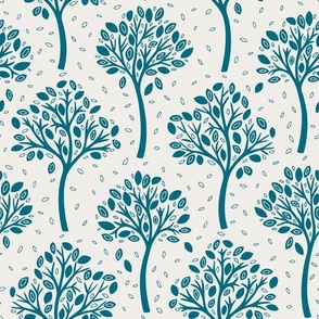 Wildwood, teal cyan on white (Medium) – autumnal woodland trees with fall leaves