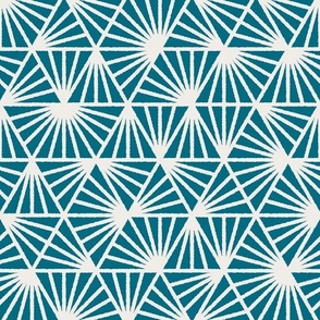 Early Dusk, white on teal cyan (Medium) – geometric triangles and textural line