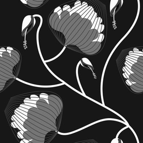 Monochrome Trailing  Fantasy Basket Florals in elegant black, white and gray 9in