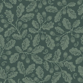 Acorn Bounty, sage on forest green (Large) – autumnal oak branches with polka dot fall leaves