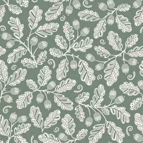 Acorn Bounty, white on sage green (Large) – autumnal oak branches with polka dot fall leaves