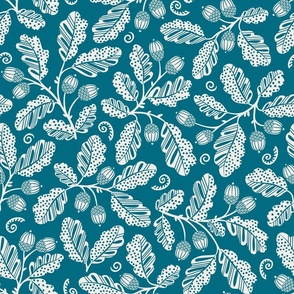 Acorn Bounty, white on teal cyan (Large) – autumnal oak branches with polka dot fall leaves