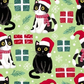 cute christmas cats with christmas presents bright green large scale WB23