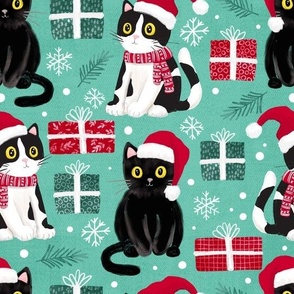 Green Kitties Christmas Fabric