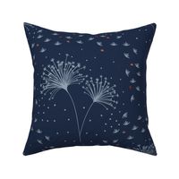 Midnight navy with slate blue dandelions with a pop of coral