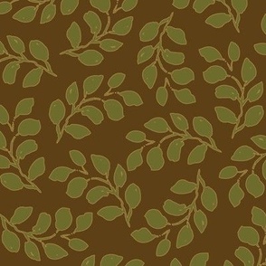 Green Leaf Scatter on Brown Background 12"