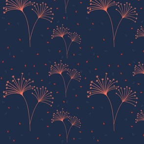 Midnight Navy with Coral Dandelion Flowers and Floating Leaves
