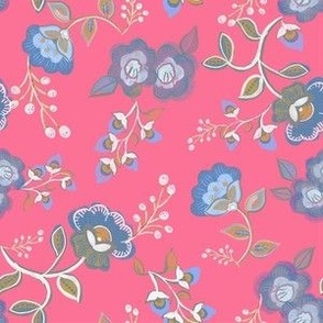 Folk Style Floral Wallpaper, Pink and Blue - 6” Fabric