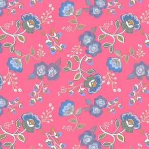 Folk Style Floral Wallpaper, Pink and Blue - 12” Fabric