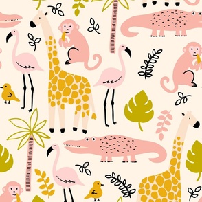 Pink Green Yellow Jungle Animals - White Background