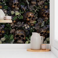 14" Antique dark academia  Goth Nightfall: A Vintage Floral Pattern with Skulls And Exotic Flowers  sepia black- halloween aesthetic dark green leaves wallpaper 