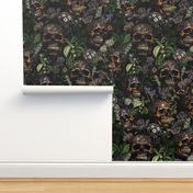 14" Antique dark academia  Goth Nightfall: A Vintage Floral Pattern with Skulls And Exotic Flowers  sepia black- halloween aesthetic dark green leaves wallpaper 