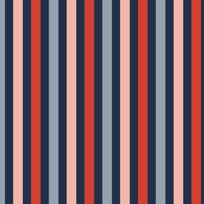 Midnight navy blue, coral pink, deep coral and slate grey bold VERTICAL boho stripe