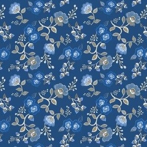 Folk Style Floral Wallpaper, Light Blue on Blue - very small Scale Fabric