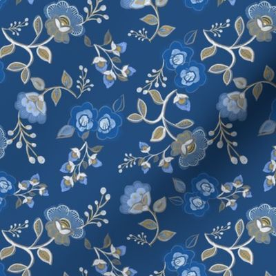  Folk Style Floral , Light Blue on Blue - 6" FAbric