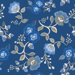  Folk Style Floral , Light Blue on Blue - 6" FAbric