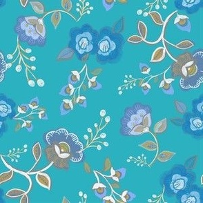 Folksy Floral in Turquoise and Blue Wallpaper - 6" Fabric