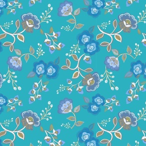 Folksy Floral in Turquoise and Blue Wallpaper - 12" Fabric