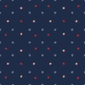 Midnight navy background with coral and slate grey ditsy flower design