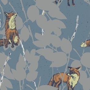Woodland Foxes in Blue and Grey with Orange - 6" Fabric