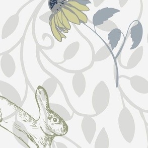 Jumping Bunnies in Grays and Blues with Yellow Wallpaper-24" Fabric