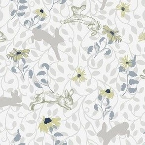 Jumping Bunnies in Grays and Blues with Yellow Wallpaper-12" Fabric