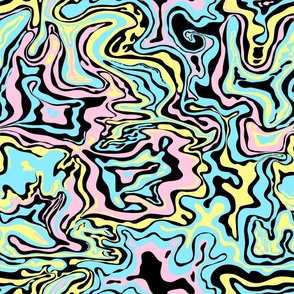 psychedelic oil spill pastel pink, blue, yellow on black