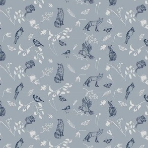 Woodland Creatures Wallpaper Blue and Grey 6" Fabric