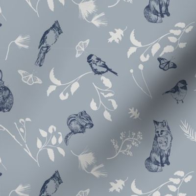 Woodland Creatures Wallpaper Blue and Grey 12" Fabric