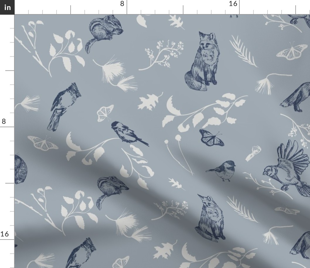 Woodland Creatures Wallpaper Blue and Grey 24" Fabric