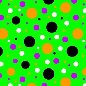 Halloween dots, black, orange and purple dots on bright green