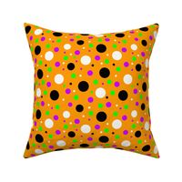 Halloween polka dots, bright green, purple and black dots on orange