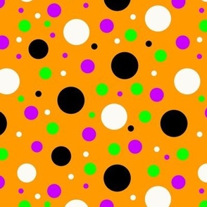 Halloween polka dots, bright green, purple and black dots on orange