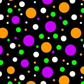 Halloween confetti, bright green, orange and purple dots on black
