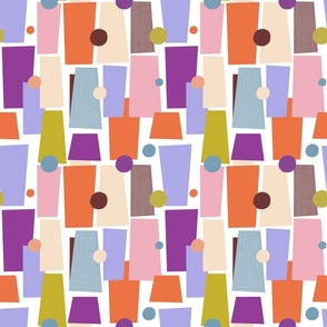 Minimalist abstract rectangular shapes with small circles in purples and orange