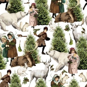 Victorian Winter Christmas Fairytale  - Vintage X-mas With Children And Nordic Animals - white 