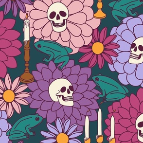 Witchy Skulls, Frogs, Candles and Bohemian Dahlias and Zinnias in Jewel Tones