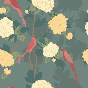 Song bird and large peony flowers chinoiserie//Forest Green and gold//Extra large//Spring 
