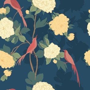 Song bird and large peony flowers chinoiserie//Night  blue and Gold//Extra large//Spring 