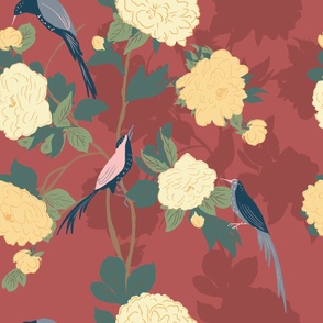 Song bird and large peony flowers chinoiserie//Brick red and gold//Extra large//Spring 