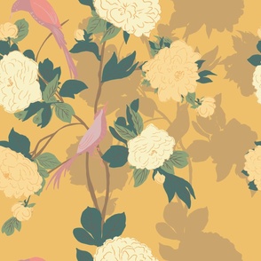 Song bird and large peony flowers chinoiserie//Golden Yellow//Extra large//Spring 