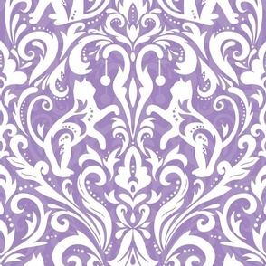 Victorian whimsical funny cat damask lilac
