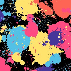 Vintage 80s Paint Splattered Square Grid on Black - (MEDIUM)