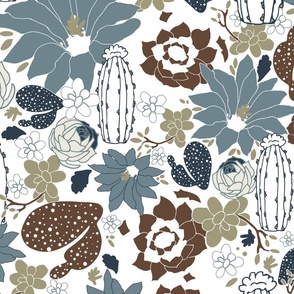 Fun Cactus Succulent Floral Pattern Dusty Blue Brown Sage On White Large