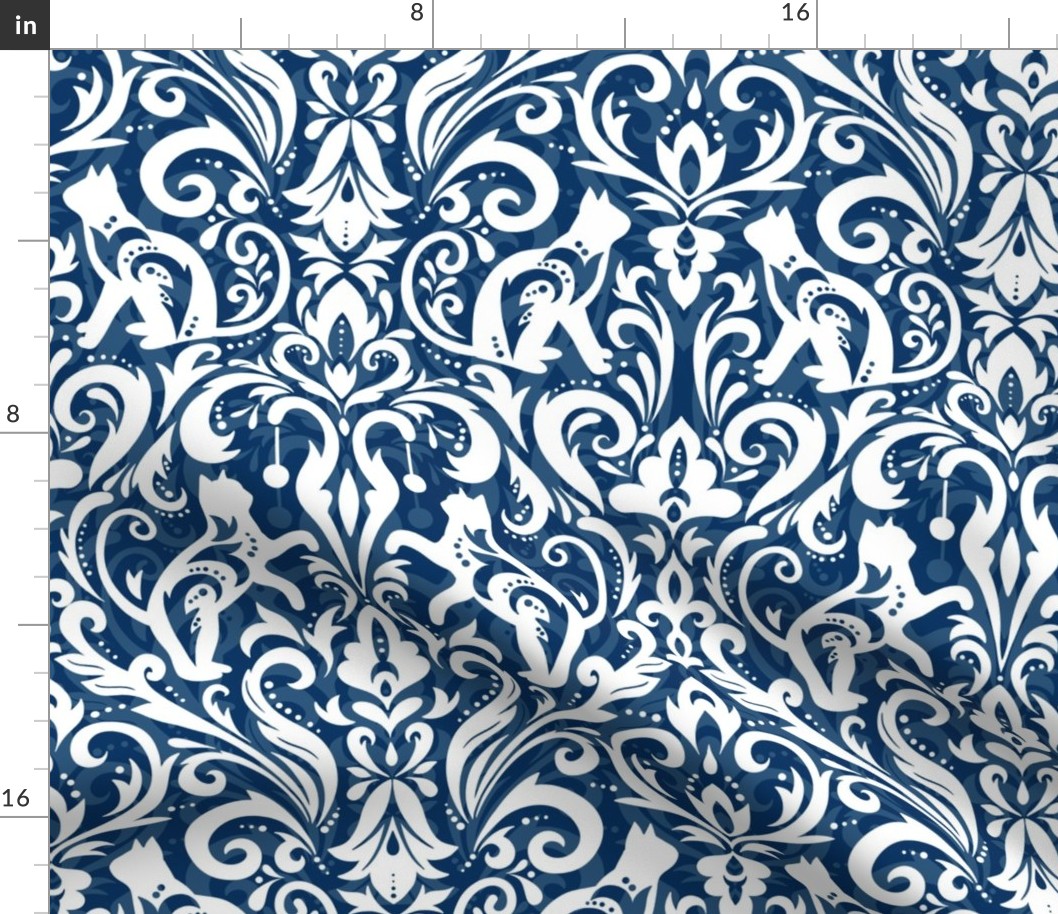 Victorian whimsical funny cat damask navy