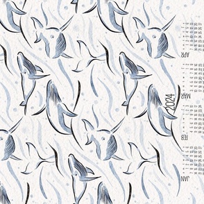 humpback whale calendar 2024 - watercolor blue ocean waves - tea towel and wall hanging