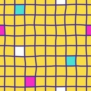 Blue on yellow hand drawn grid with random colorful squares