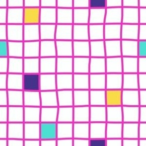 Pink on white hand drawn grid with random colorful squares