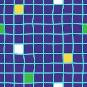 Teal on blue hand drawn grid with random colorful squares